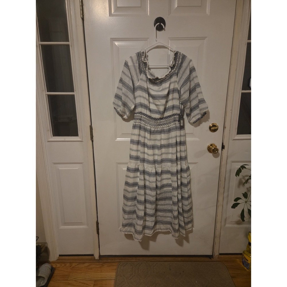 Vince Camuto NWT Ivory Navy Boho Stripe Smocked Midi Dress Women Size 14